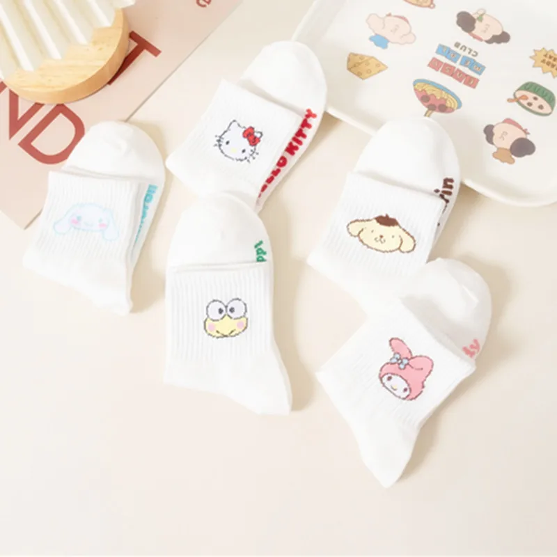 5Pairs Women HelloKitty Melody Cartoon Socks Cute Kawaii Breathable Mid Calf Casual School Style