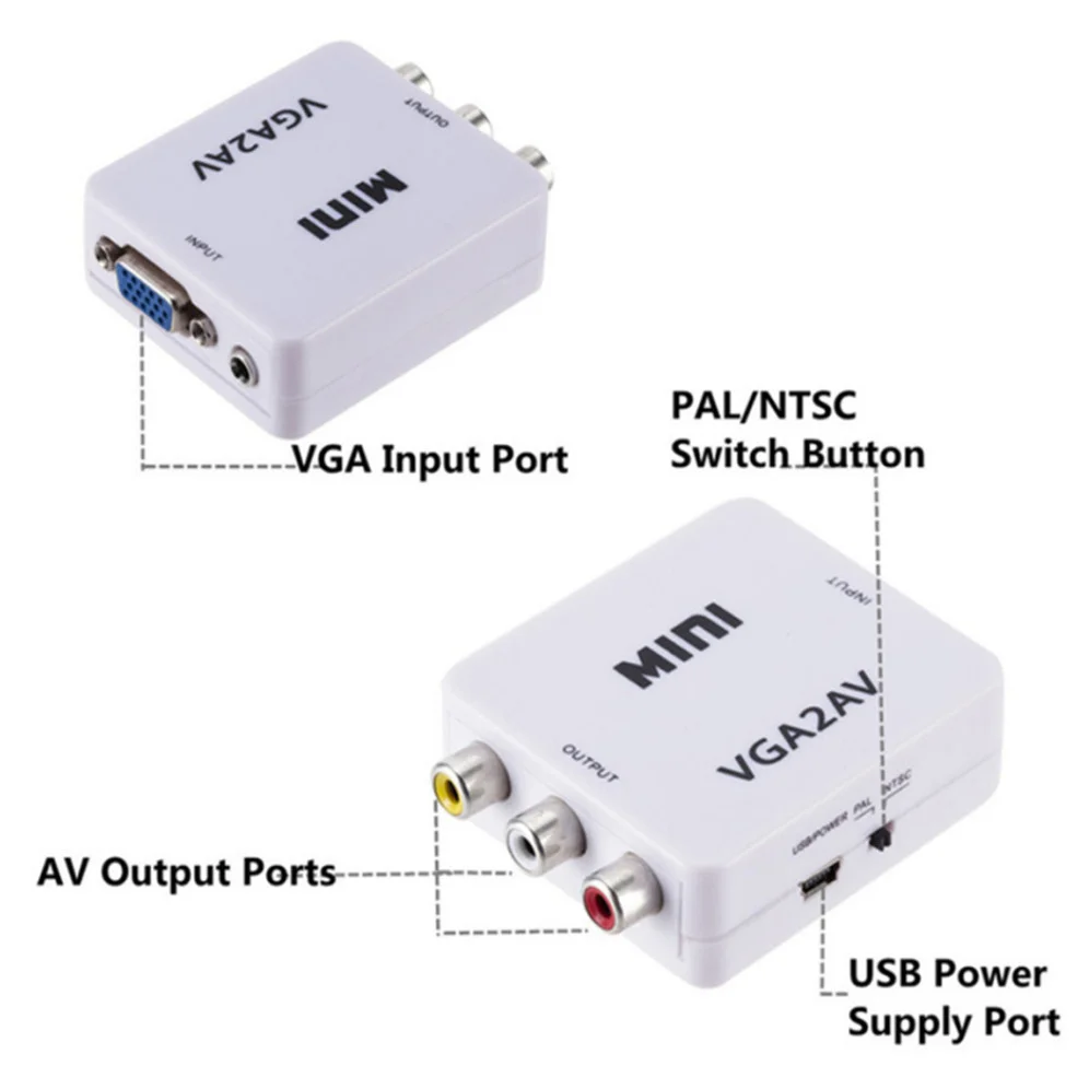 1080P VGA To CVBS AV Composite 3RCA Converter Adapter Mini Video Box 3.5mm Audio Input USB Power for Desktop Laptop PC To TV