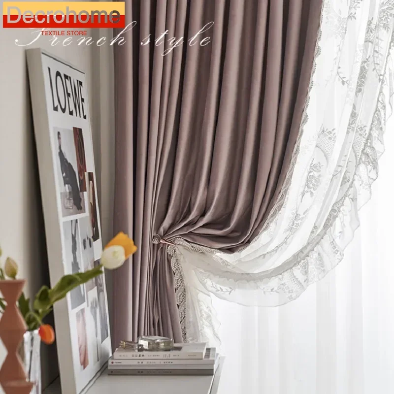 

Purple Velvet Curtains for Living Room Bedroom Lace Romantic Fairy French Retro Monet Curtains Customize House Decoration
