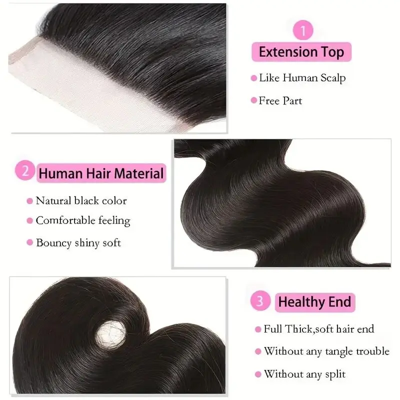 Perruque Lace Closure Wig indienne Remy, cheveux naturels, Body Wave, 4x4, 12-22 pouces