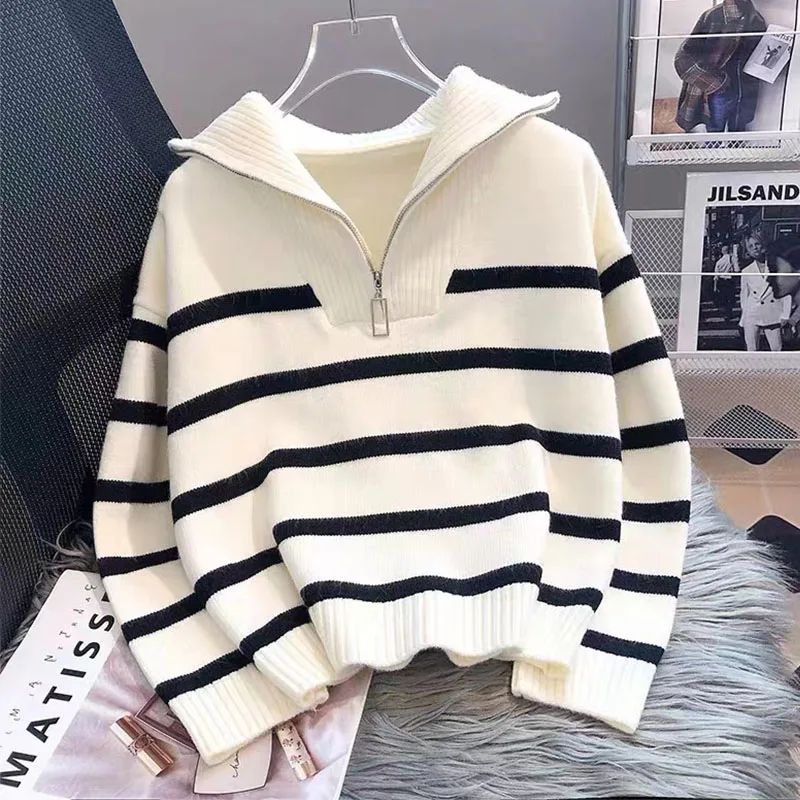 Fall/Winter New Half Zipper Lapel Pullover Striped Sweater Women's Thickened Loose Wool Sweater Jacket Wear Outside