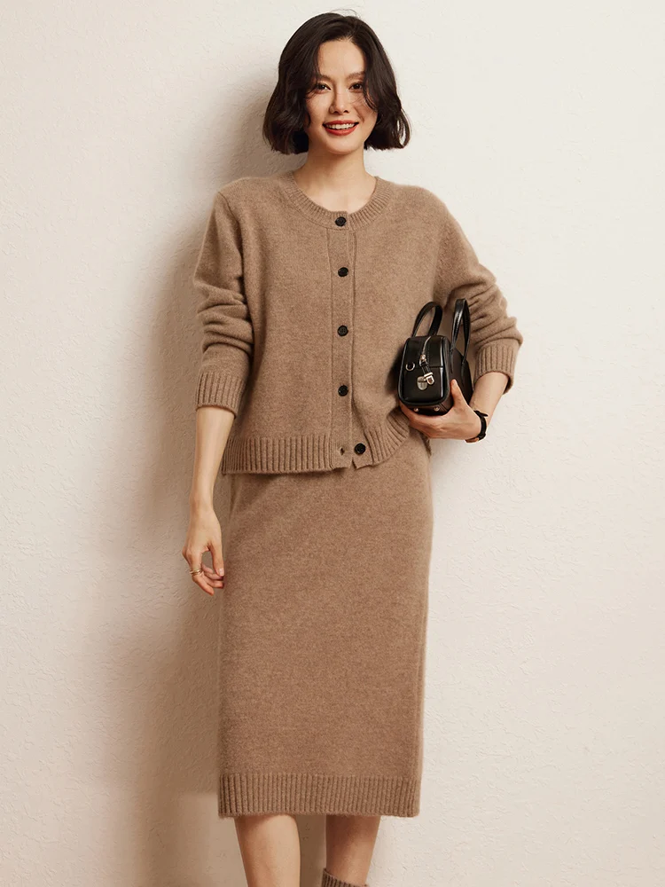 

Осень-зима, повседневный кардиган, свитер, юбка средней длины, женский комплект из двух предметов, теплый мягкий 100% кашемир, изысканный теплый мягкий костюм