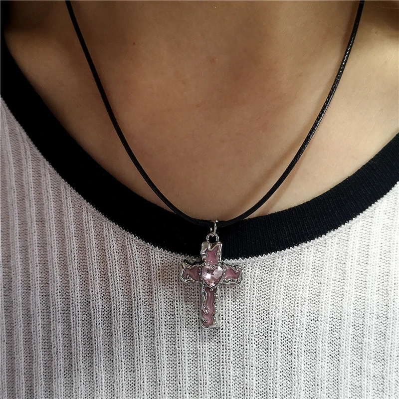 القوطية الشرير Y2K أسود وردي كريستال القلب الزركون الصليب قلادة حبل أسود سلسلة المختنق قلادة للمرأة الرجال 90s EMO اكسسوارات #3