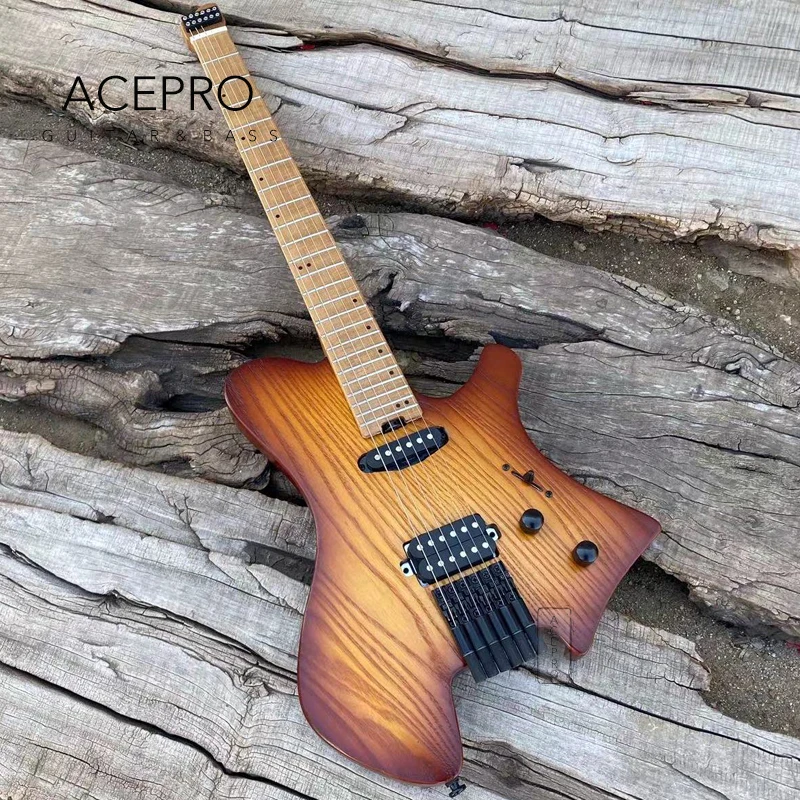 Acepro-Headless Electric Guitar, Single + Humbucker Pickups, Vintage Sunburst Ash Body, Stainless Steel Frets,Roasted Maple Neck