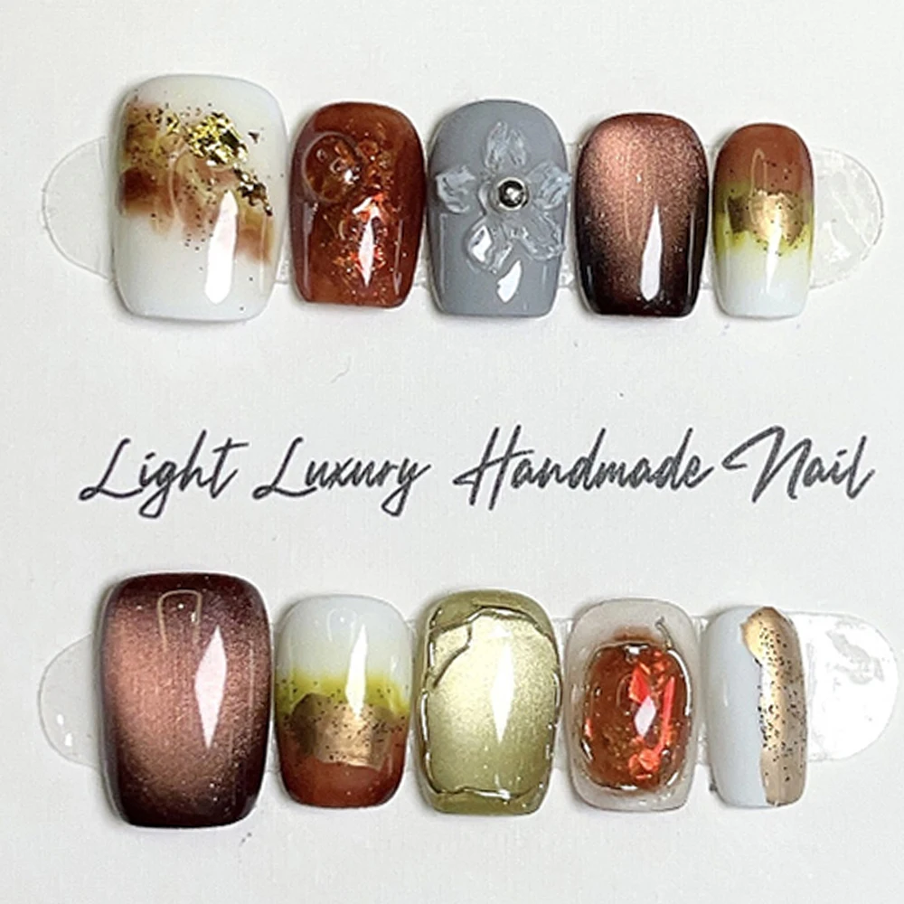 Bonito artesanal curto quadrado redondo unhas falsas olhos de gato lantejoulas coloridas flores pérola strass unhas reutilizáveis festa adesivo