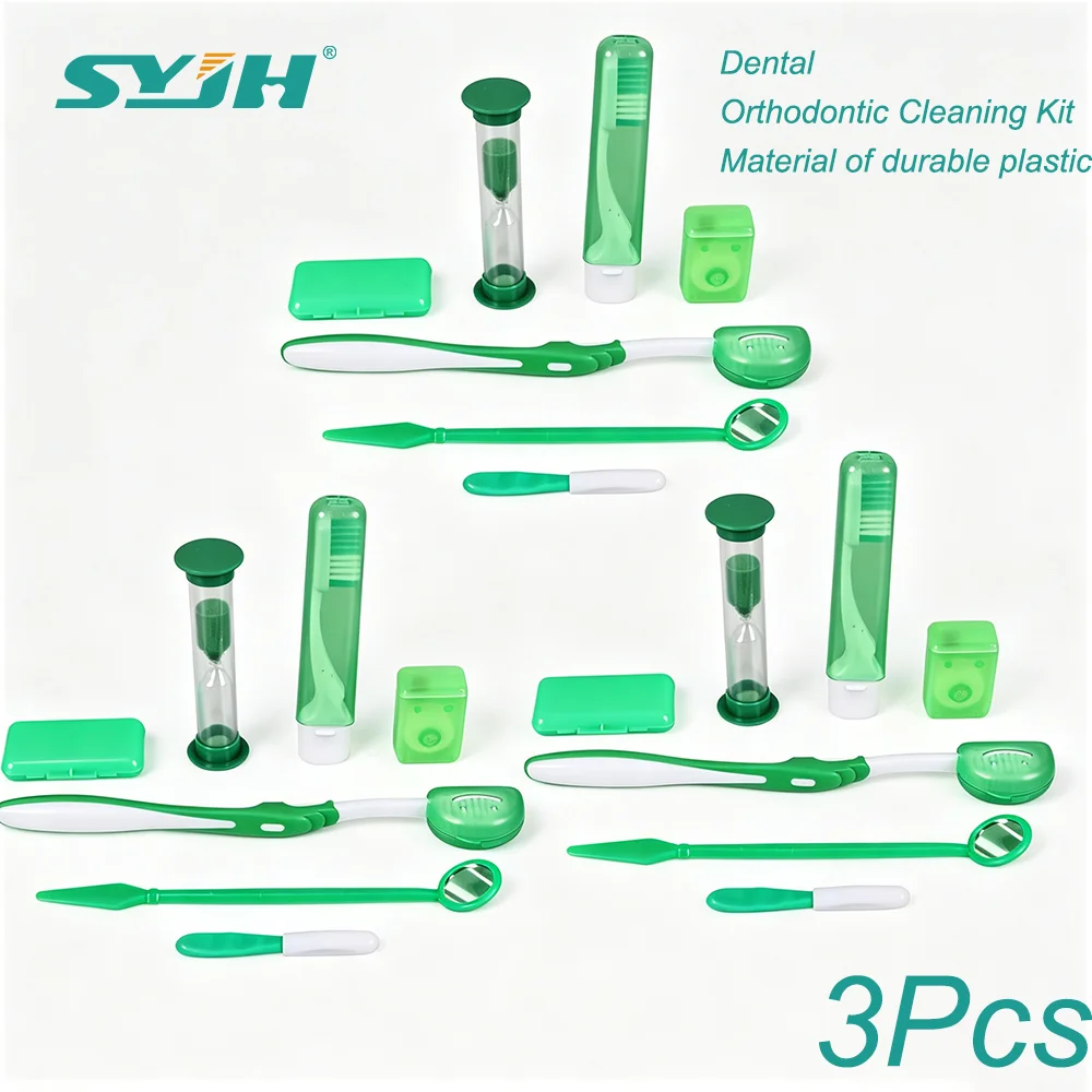 SYJH 3Pcs Ortho Braces Toothbrush Cleaning Oral Care Kit Teeth Whitening Tool Interdental Brush Floss Thread Foldable Mirror
