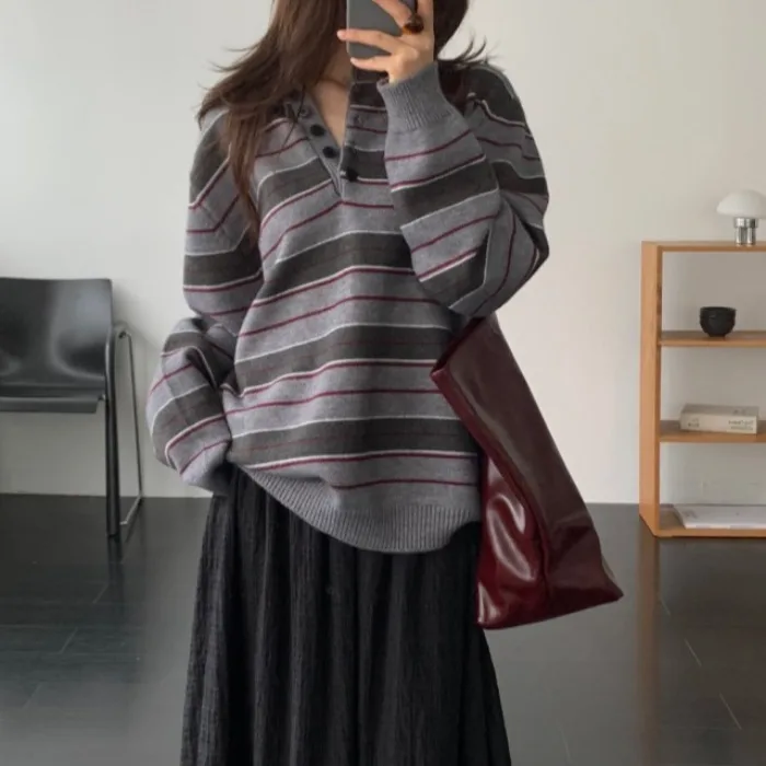 Loose Korean Style Casual Striped  Neck Knitted Long Sleeve Women's Top Half Buttoned Lazy Color Block Long Sleeve Shirt