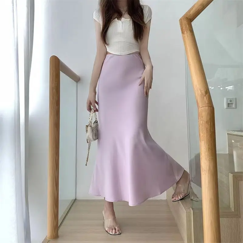 Elegant Women Fish Tail Half Skirt Korean Style High Waist Slimming Mini Skirt Fashion Temperament Solid Color Mid-Long Dress