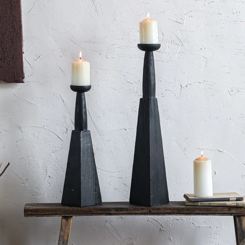 Black trapezoidal wooden candlesticks, Japanese homestay decorations, Zen solid wood dining tables, porch ornaments