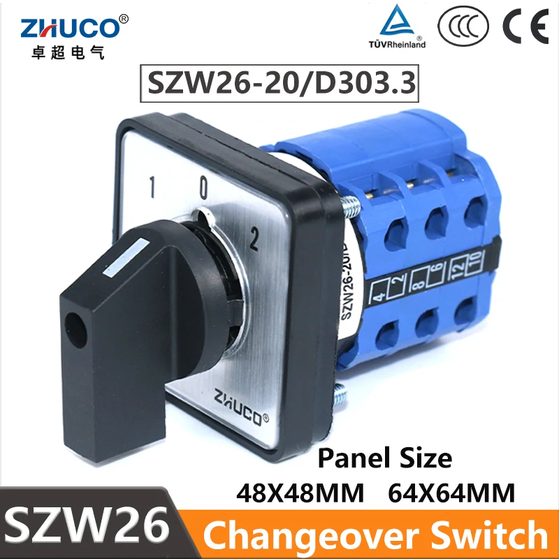 

ZHUCO SZW26/LW26-20 1-0-2 3 Position 12 Screws 3 Phase Cam Rotary Changeover Control Switches 64X64 48X48 mm Panel Mount
