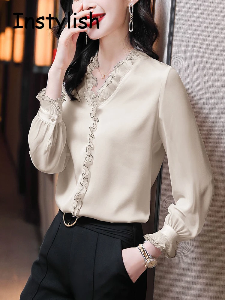 Elegant Women Chiffon Shirt Korean Blouse Office Lace Mesh Long Sleeve Ruffles V NeckTops Casual Vintage Pullovers Blusas 2022