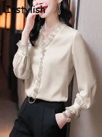 Elegant Women Chiffon Shirt Korean Blouse Office Lace Mesh Long Sleeve Ruffles V NeckTops Casual Vintage Pullovers Blusas 2022 - Image 5