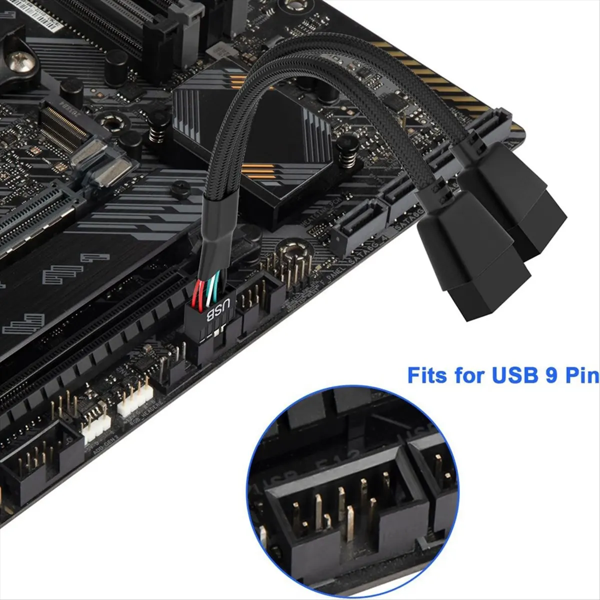 ABGN 2Pcs Computer Motherboard USB 2.0 9 Pin to Dual 9 Pin Extension Cable Y Splitter Audio HD Extension Cable Black