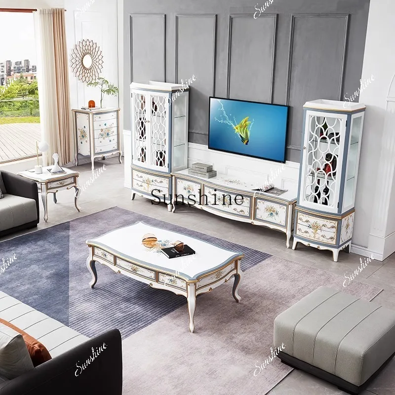 French retro TV cabinet living room high-end solid wood painted floor side cabinet  FT