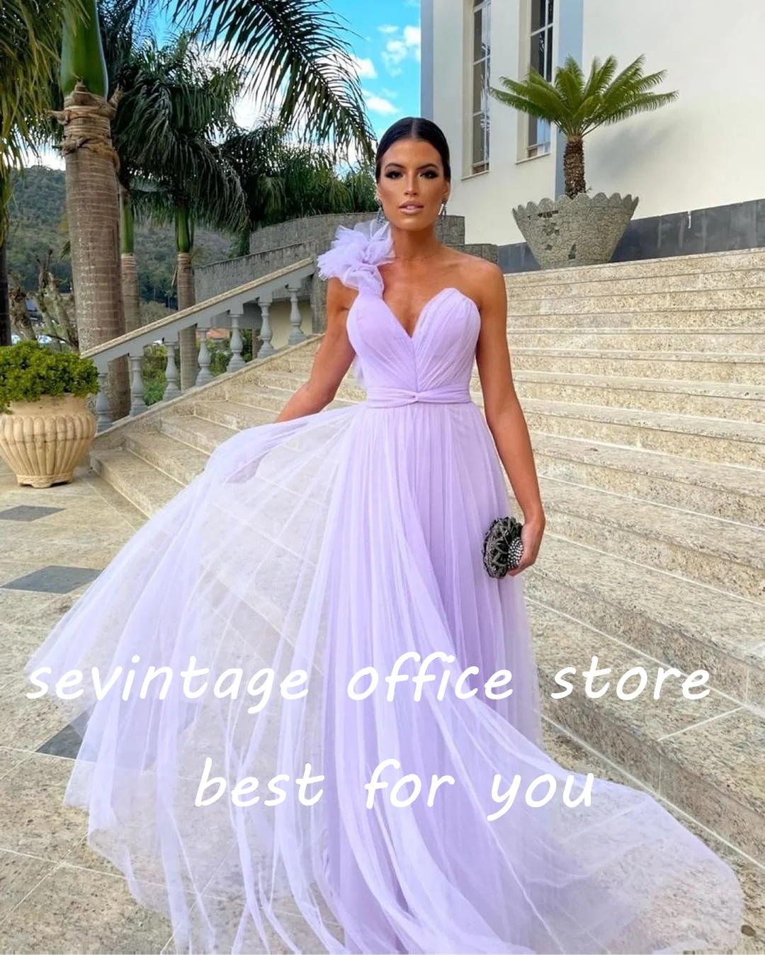 Sevintage Elegant Lavender Tulle Prom Dresses One Shoulder Sleeveless Pleat Ruched A-Line Evening Gowns Formal Party Dress 2023