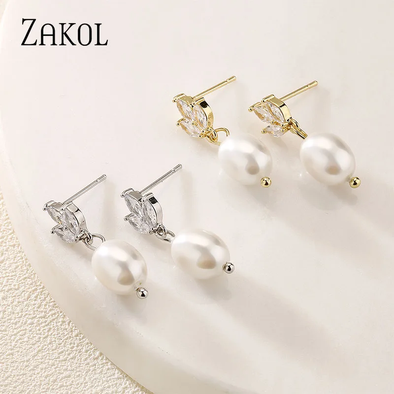ZAKOL Simple Leaf Cubic Zircon Drop Earrings for Women Fashion Imitation Pearls Bridal Earring Wedding Jewelry EP5377