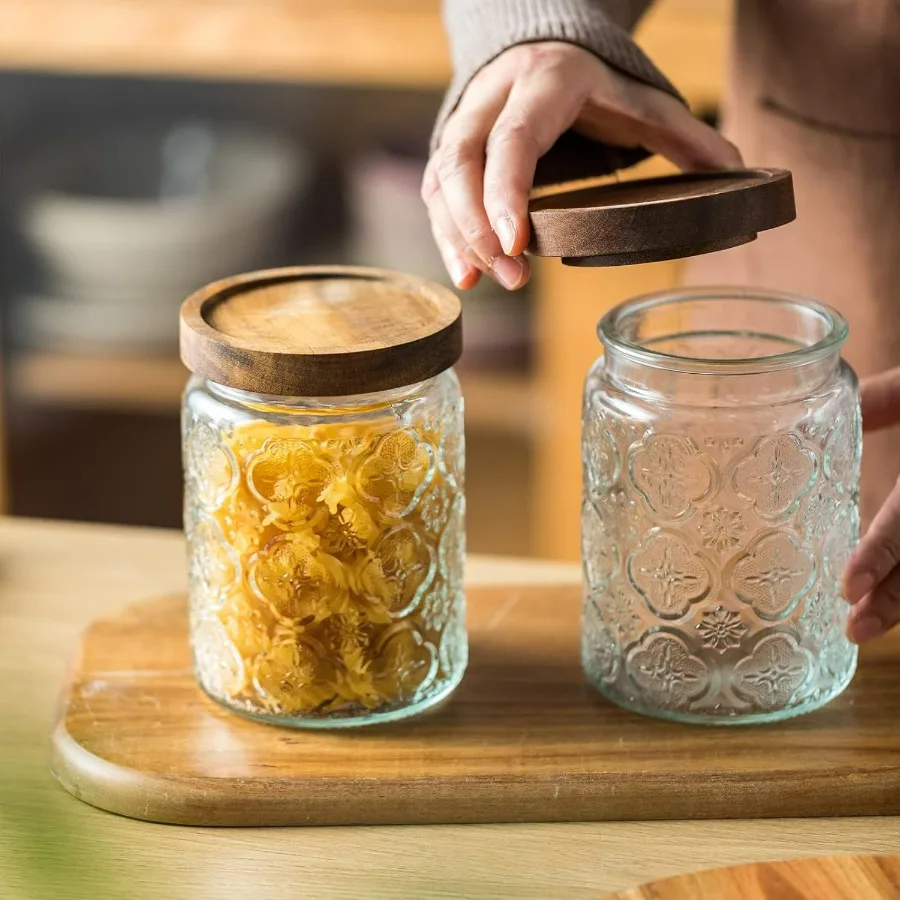 Snminetal خمر الزجاج المطبخ تخزين مكافحة جرة المطبخ والمخزن الزجاجي مع غطاء خشبي محكم لملفات تعريف الارتباط الحلوى C