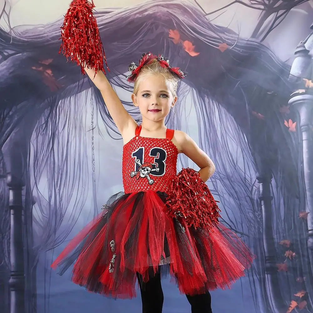 Halloween Girls Cheerleader Tulle Tutu Dress Kids Layered Fluffy Mesh Dress Performance Outfit Children Stage Show Party Attire