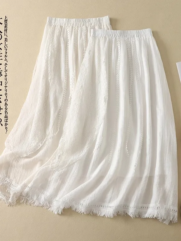 

Casual Mid-Length A-Line Skirt with Lace Trim Small Size Women's Half-length Umbrella Skirt Commute Artistic Style Summer Wear