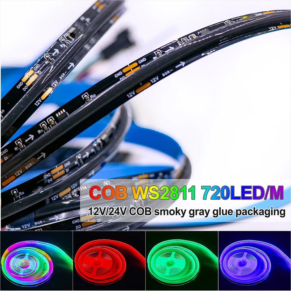 COB WS2811 LED Strip Addressable RGB Pixel LED Tape 12V 24V Smoky Gray Glue High Density Room Bedroom Ceiling Cabinet Home Decor