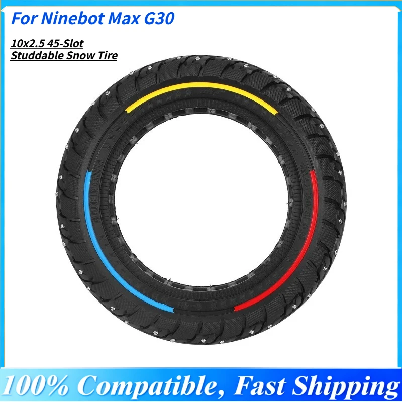 

10x2.5 45-Slot Studdable Snow Tire for Ninebot Max G30 Anti-Slip Ice Studs &3-Color Stripe, Fits 60/70-6.5 Tire, All-Season Grip