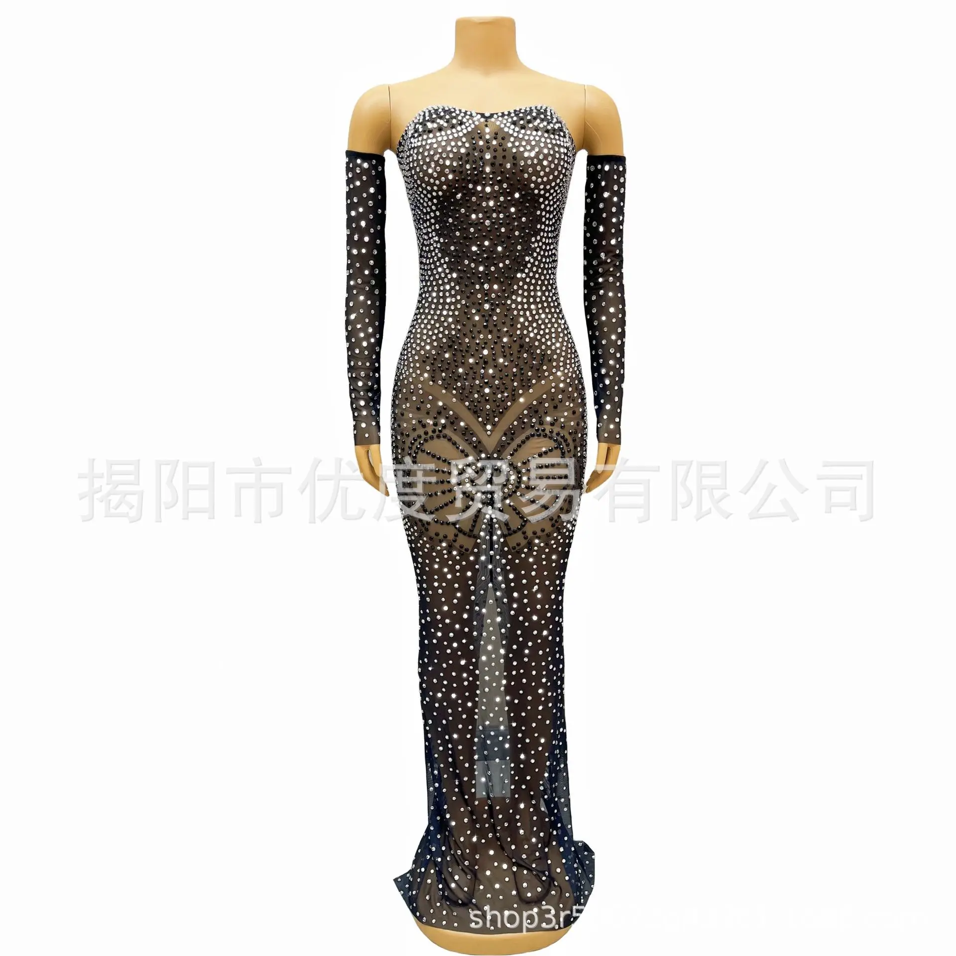 

Premium Black Off-the-shoulder Sleeves DJ Reception Trailing Sexy Sparkling Mesh Rhinestone Birthday Night Galaxy Party Dresses