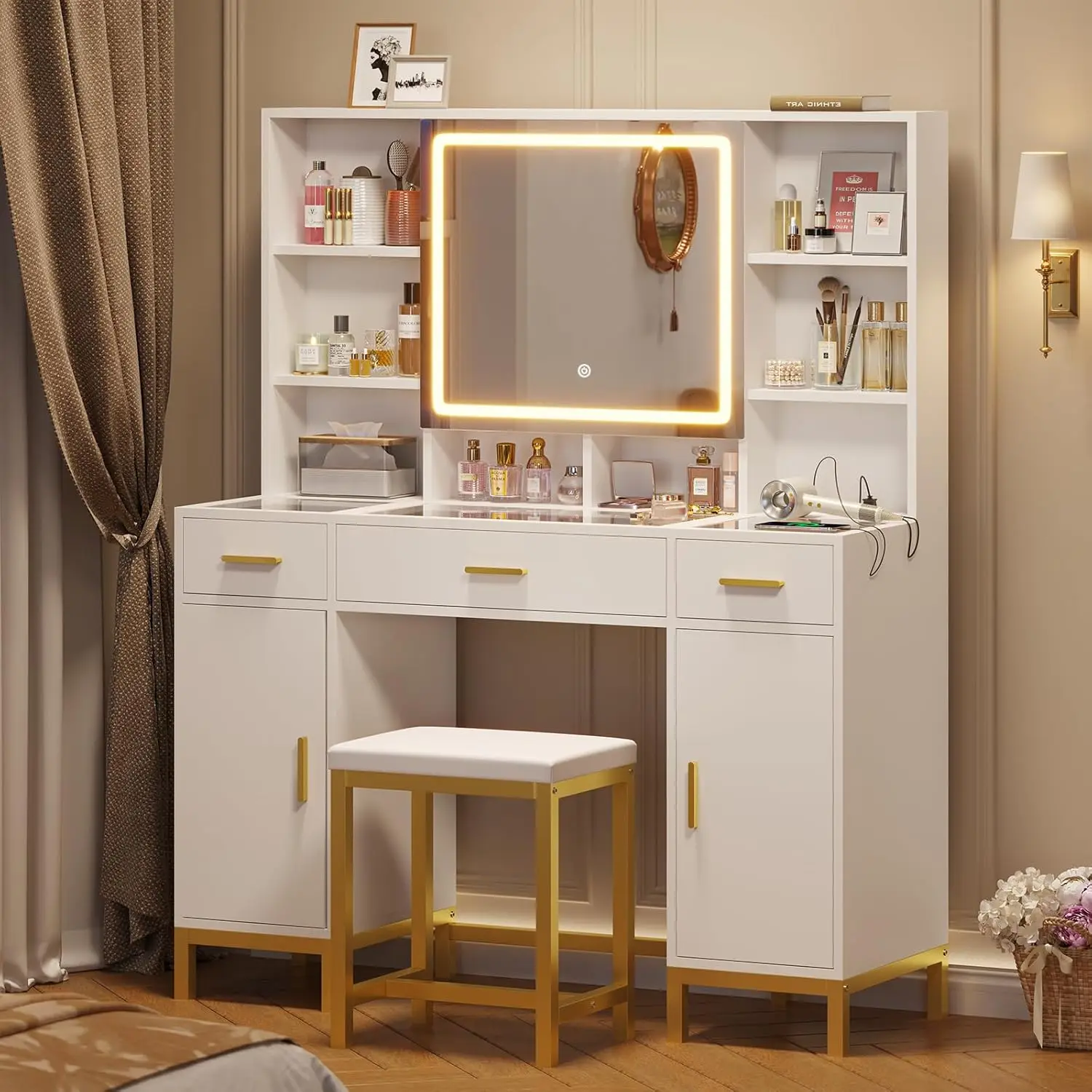 Vanity Desk with Openable Mirror & Lights Glass Tabletop Makeup Vanity Set Charging Station, White Vanity Table 3 Drawers