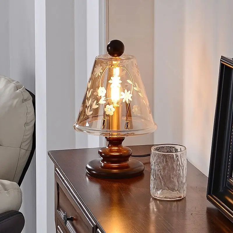 French retro original hand-carved table lamp bedroom bedside American medieval Nanyang style solid wood glass small table lamp