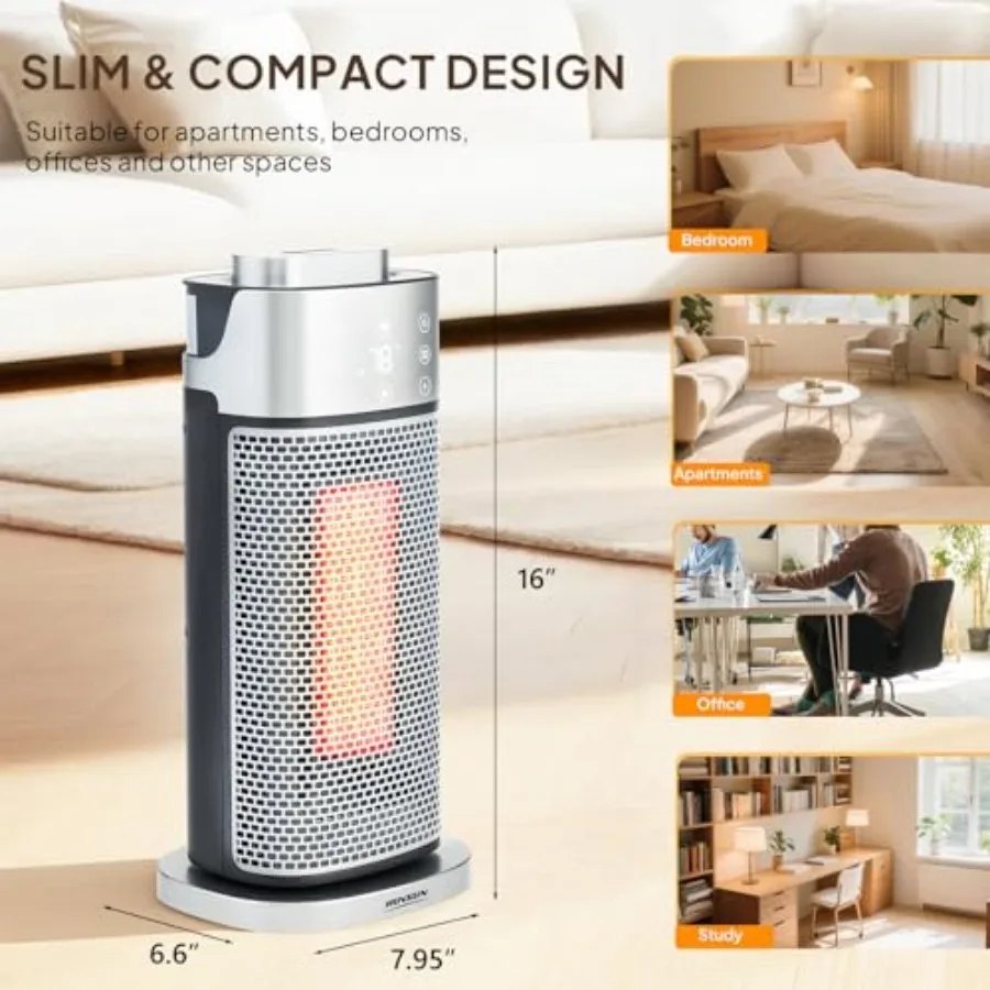 3-in-1 Electric Space Heater w/Humidifier and 3D Flame Effect, Portable 16''H Tower Heater w/Timer, Adjustable Thermostat, Tip-