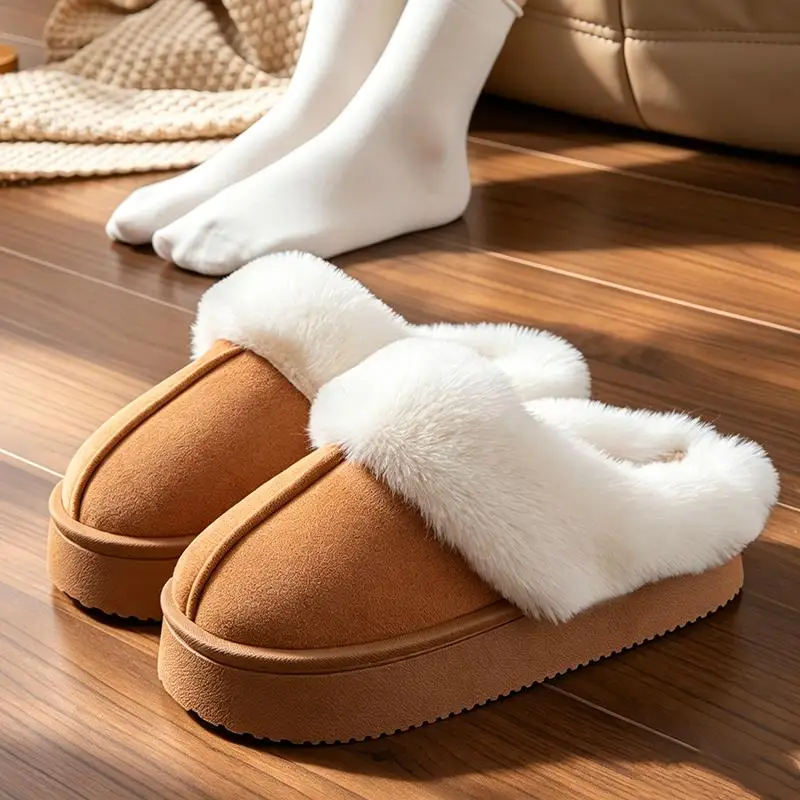 Flauschige Pelz-Mules mit dicker Sohle für Damen, Winter 2026, warme kurze Plüsch-Outdoor-Hausschuhe, Marken-Wildleder-Baumwollschuhe für Damen – Detail 7