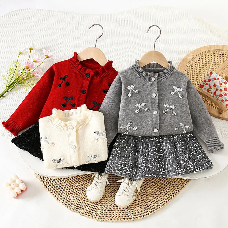 2025 New Autumn Winter 2-6Yrs Baby Girls Clothing Set Long Sleeved Knitted Cardigan+Short Skirt Kids Knitted Clothing Suit