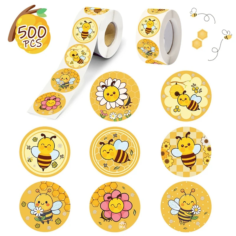 500 pegatinas de abejas por rollo, pegatinas de animales bonitos de 2,5 cm, etiquetas de sellado para bolsas de regalo y cajas de dulces, calcomanías autoadhesivas para embalaje de regalos, artículos de papelería