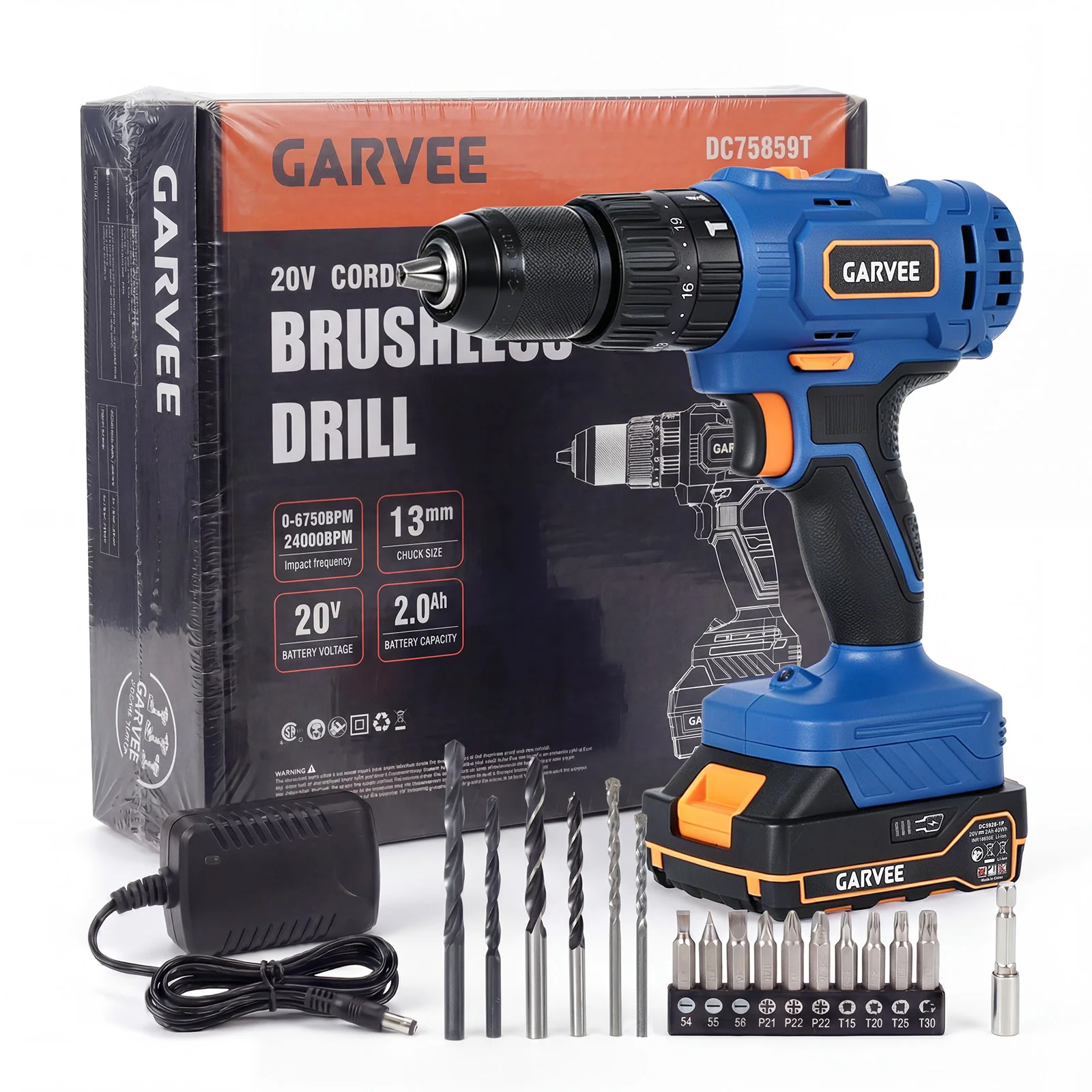 Battery-Powered Hammer Drill/Driver Kit - 45Nm Torque - 1/2 in (13mm) All-Metal Keyless Chuck - 2-Speed 0-420/0-1500 RPM - 24,000 IPM - 2.0Ah Battery + Fast Charger - Bits