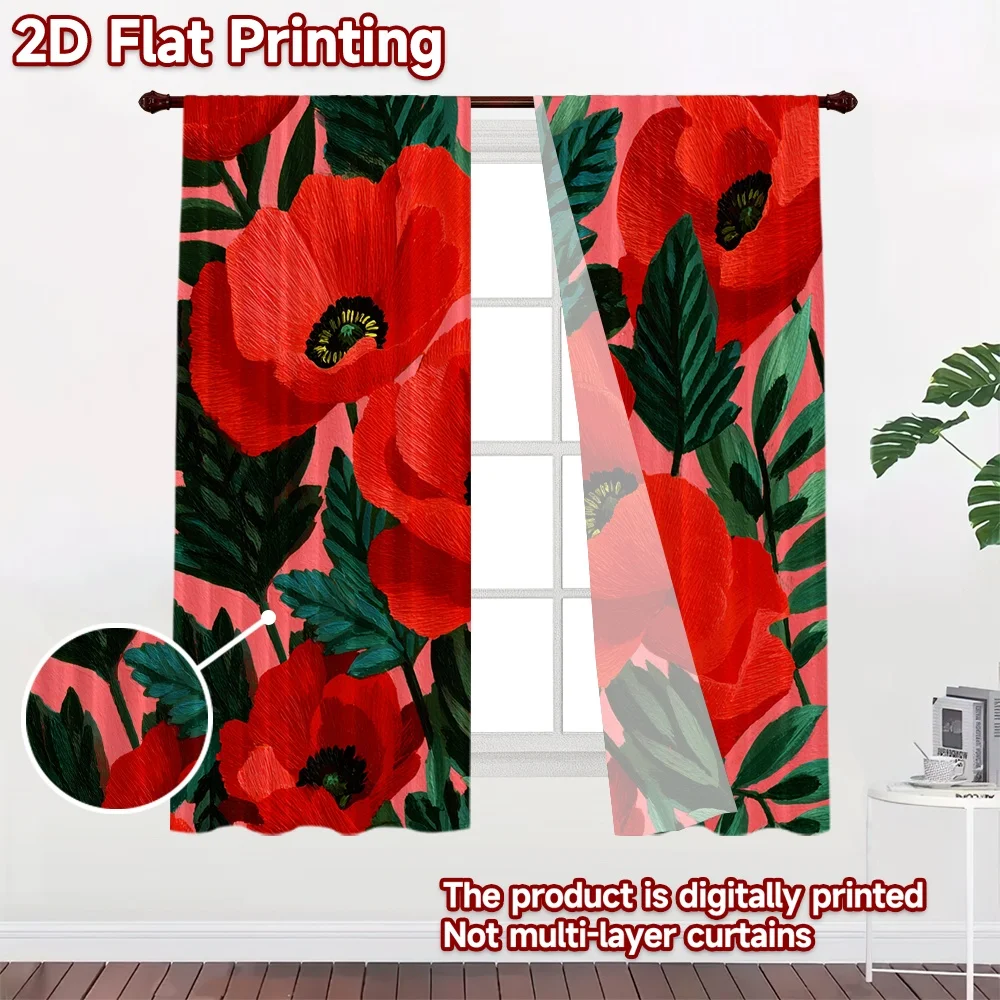 2D Flat Printing,2pcs Floral Red Poppies on Pink Chic Pattern Curtains Polyester Curtains Holiday Suitable for digital printing