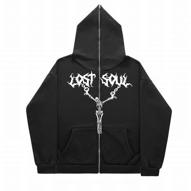 2023 Full Face Zippered Hoodie, American Y2K Top, Skull Iron Rope Printed Hoodie Jacket