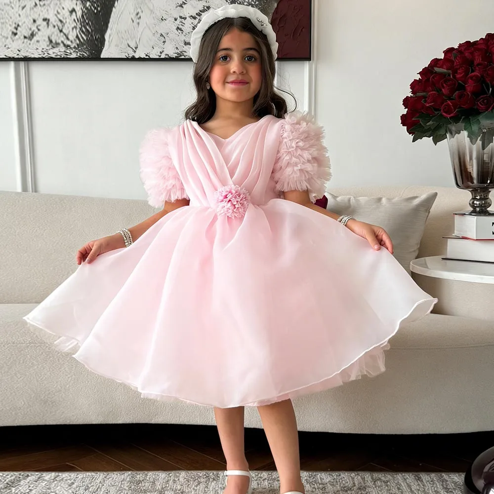 

Розовое платье на день рождения, платья из органзы для девочек с цветочным узором, платье А-силуэта для девочек, короткое платье принцессы для девочек, пышные детские платья с V-образным вырезом