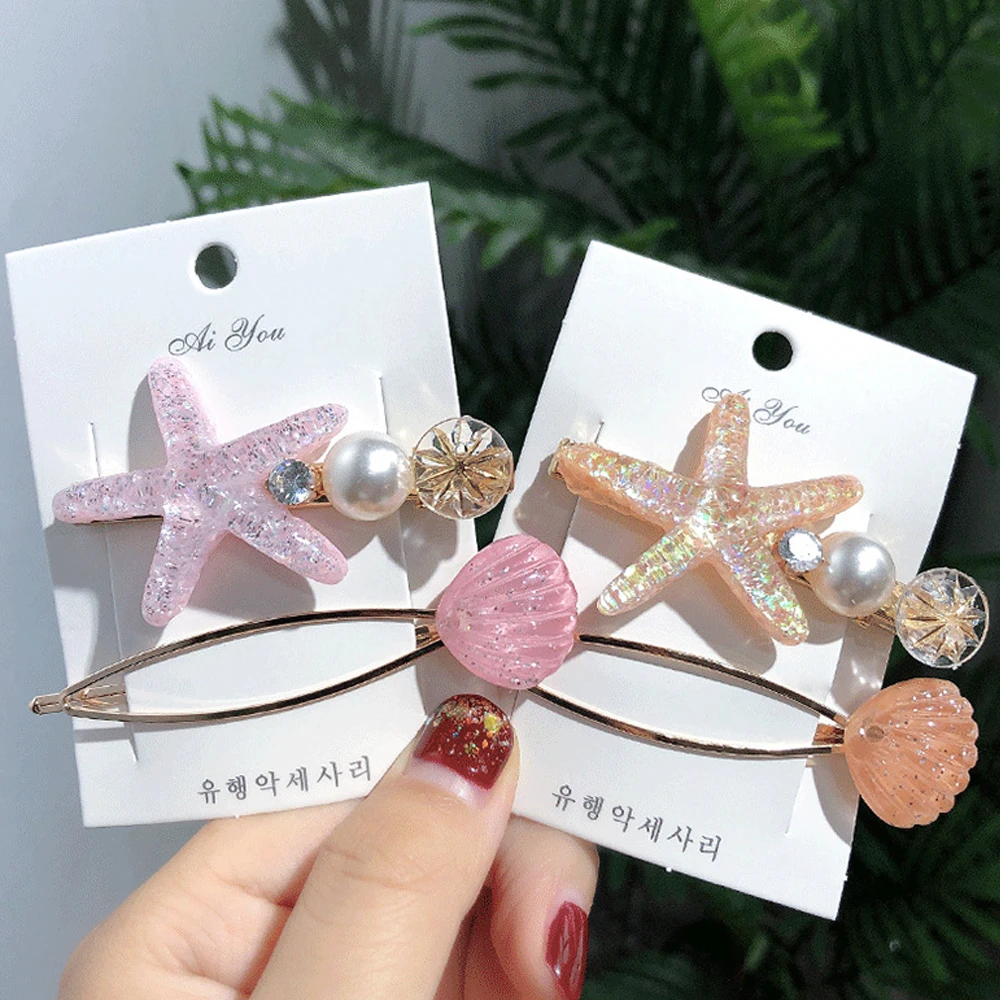 2pcs/Set Glitter Shell Starfish Shaped Hair Clips Rhinestone Pearl Duckbill Barrettes Women Girls Bangs Hairpins Daily Headwear