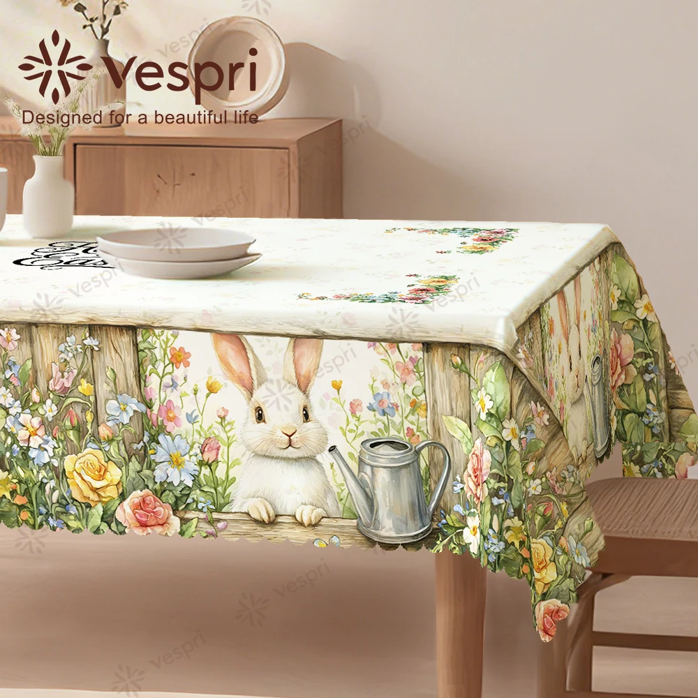 Vespri Easter Tablecloth with Rabbit Watering Can Floral Pattern, White Green Round Rectangle Oval Table Linen for Party Decor