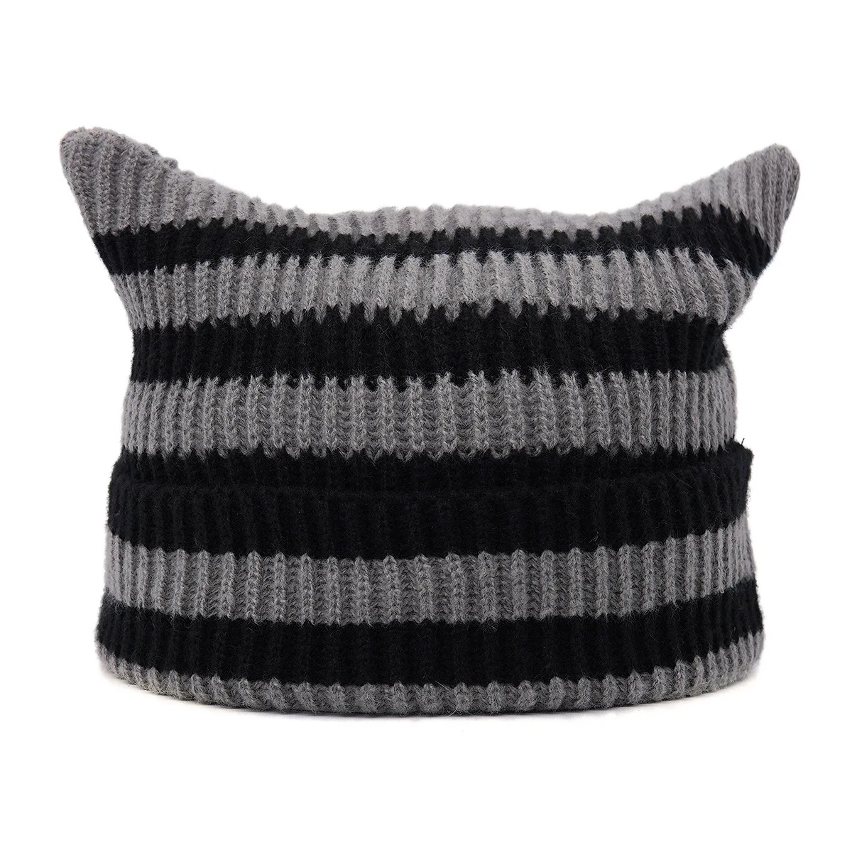 Women Cat Ears Hats Soft Slouchy Striped Knitted Hat Trendy Winter Warm Crochet Braided Knitted Beanie Hats Unisex Gentleman Cap