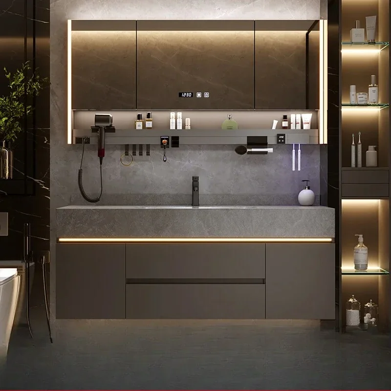 Ne with Sink Smart Mirror Combination Bathroom Furniture Bathroom Cabinet with Rock Plate Integrated Basin Bathroom Vanity Cabin