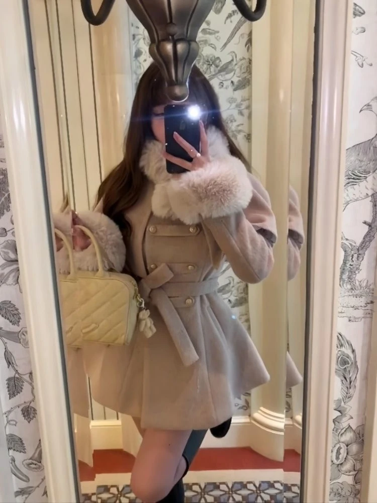 Elegant Vintage Cape Patchwork Fur Collar Jackets Harajuku Vintage Sweet Woolen Coat Women Autumn Slim Fit Tops Mujer Outwear