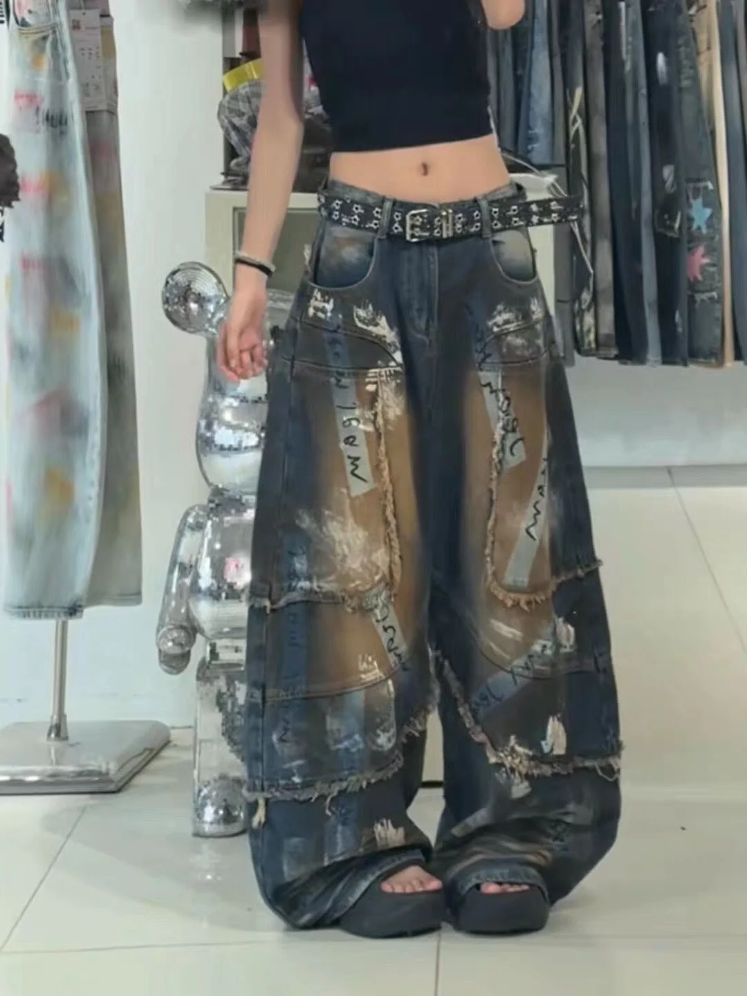 Heavy Duty Knife Design Wide Leg Jeans Graffiti Hand Drawing Post Apocalyptic Style High Waist Commute Style Blue Denim Pants