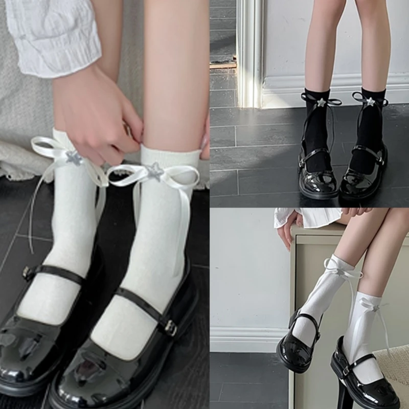 

Women Solid Color Socks Star Ribbon Bowknot Cotton Socks Stockings