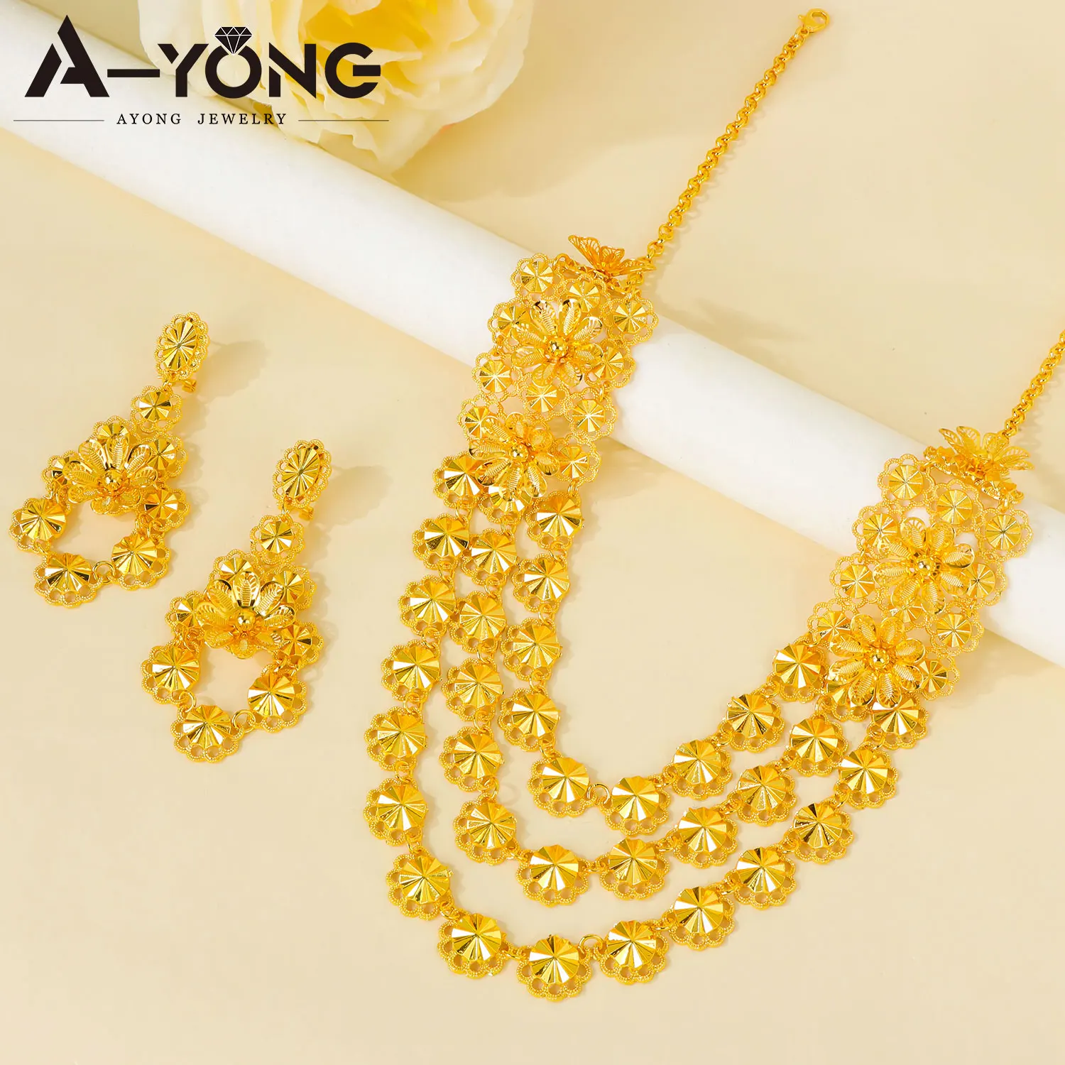 Luxuriöses Äthiopisches Brautschmuck-Set in Dubai-Goldfarbe mit Blumenmuster, Halskette und Ohrringe für Nigerianische Frauen, Event- und Party-Schmuckgeschenke – Detail 4