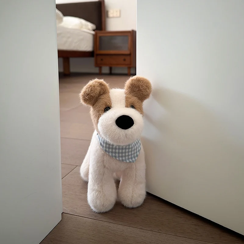 Wirehaired Terrier Dog Plush Toy Stuffed Dog with Bib Delicate Dog Stuffed Animal Plushie For Kids Birthday Gift Home Decor