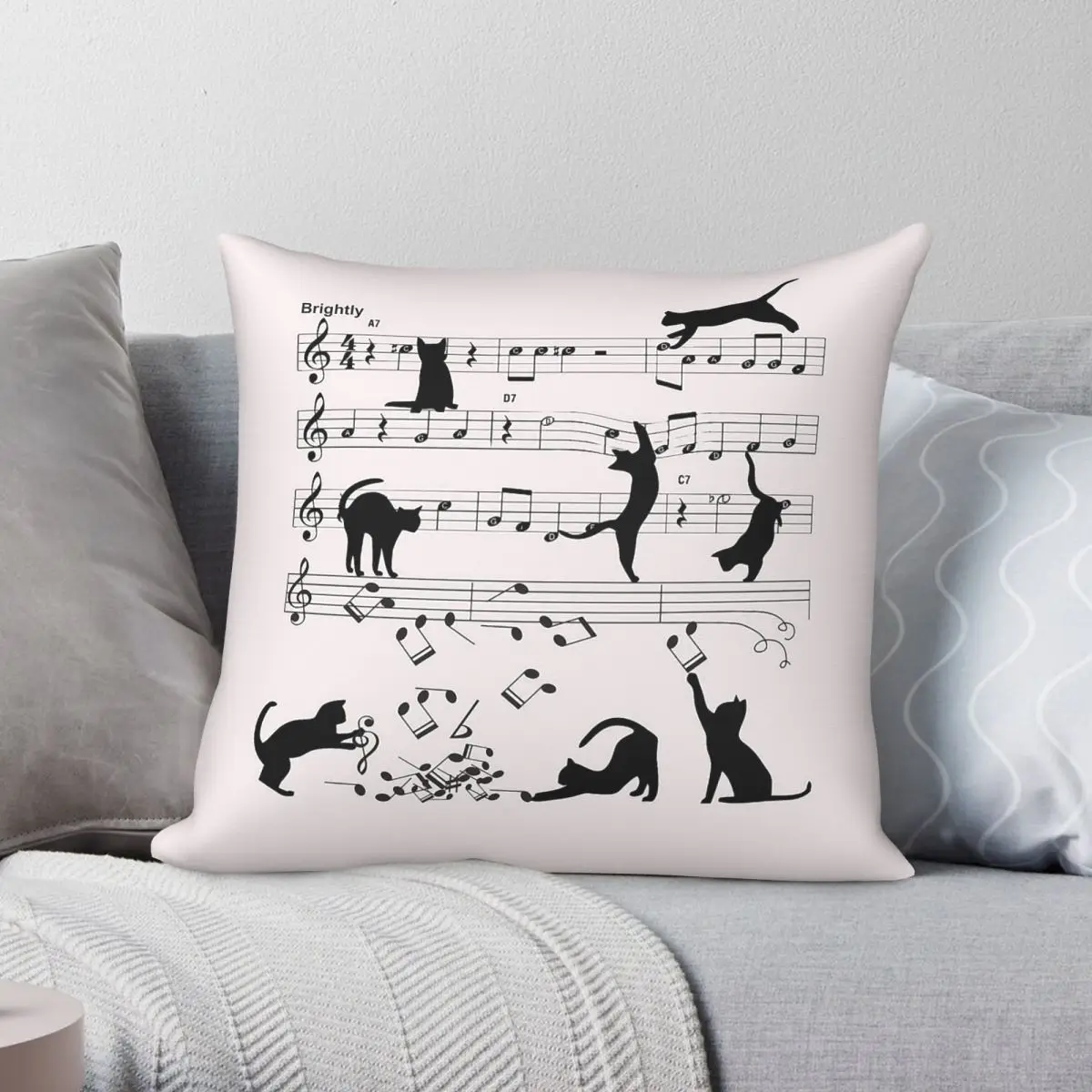 Cat Playing Clef Notes Piano Square Pillowcase Polyester Linen Velvet Creative Zip Decor Pillow Case Home Cushion Case