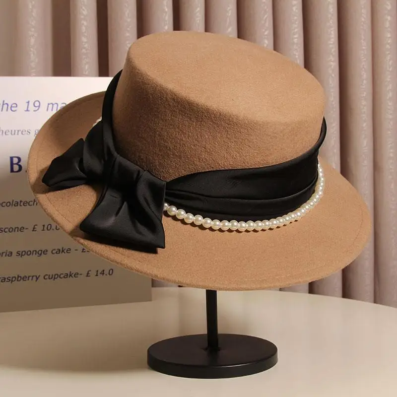 Herbst-Winter Französischer Leichter Luxus Perlen-Schleife Filz Flat-Top Formeller Hut Eleganter Britischer Stil Damenhut für Alltag Party Dating – Detail 11
