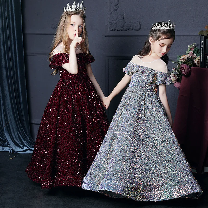 Girl's Western Style Evening Dress Flower Girl Sequined Catwalk Host Piano Performance Princess Dress