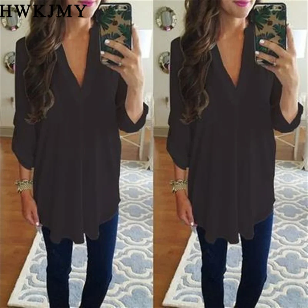 Women\'s Fashion Casual Chiffon Tops V-neck Solid Color Ladies Sexy Long Sleeve Shirt Loose Tops T Shirt Blouse