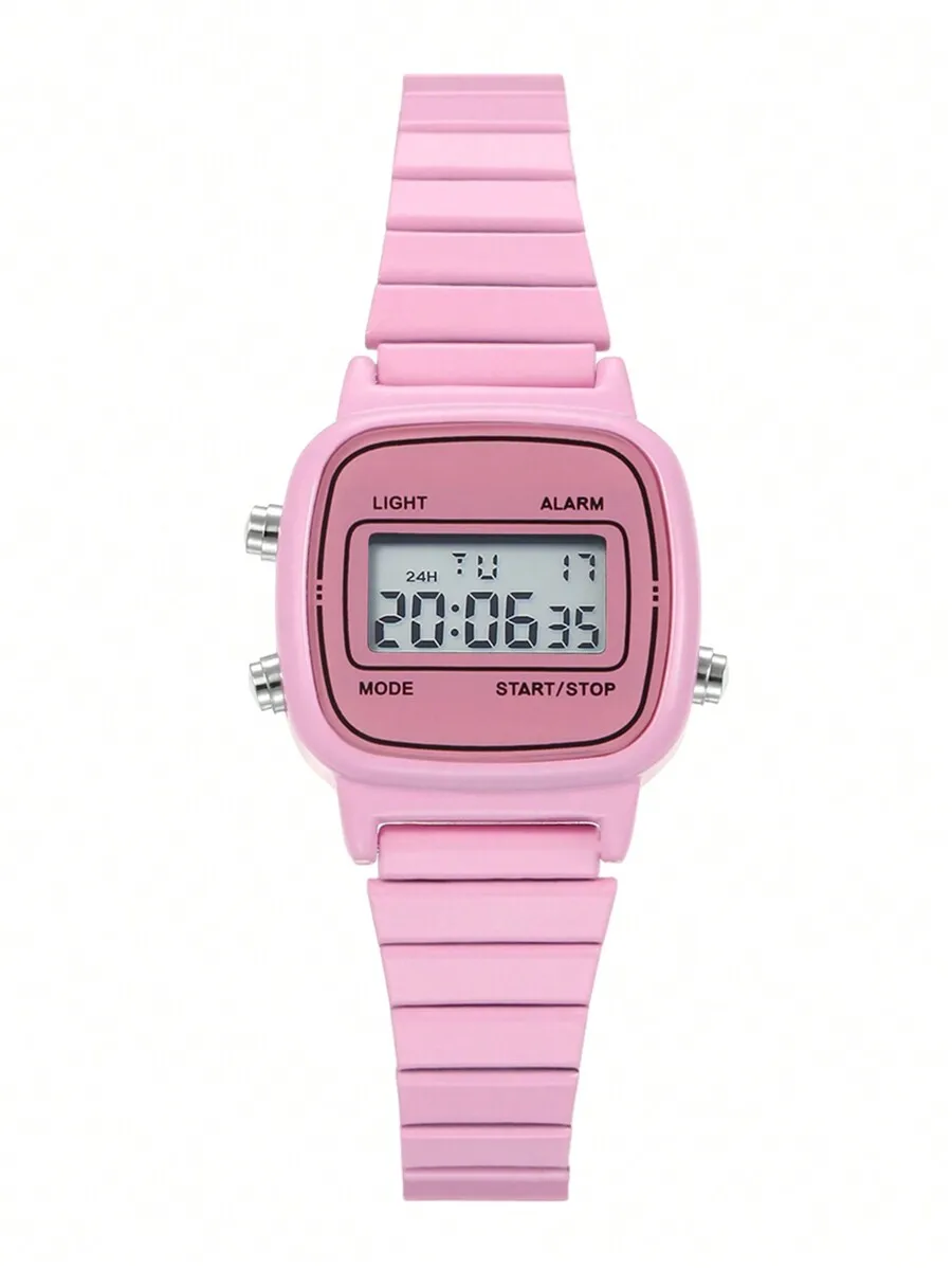 Fashionable Women's Square Pink Stainless Steel Band Electronic Watch, Multi-Function Sport Women's Calendar Digital Wrist